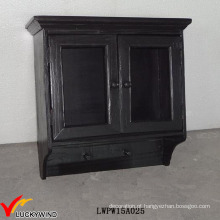 Gabinete de parede de madeira pequeno de armazenamento de vidro preto com portas de vidro